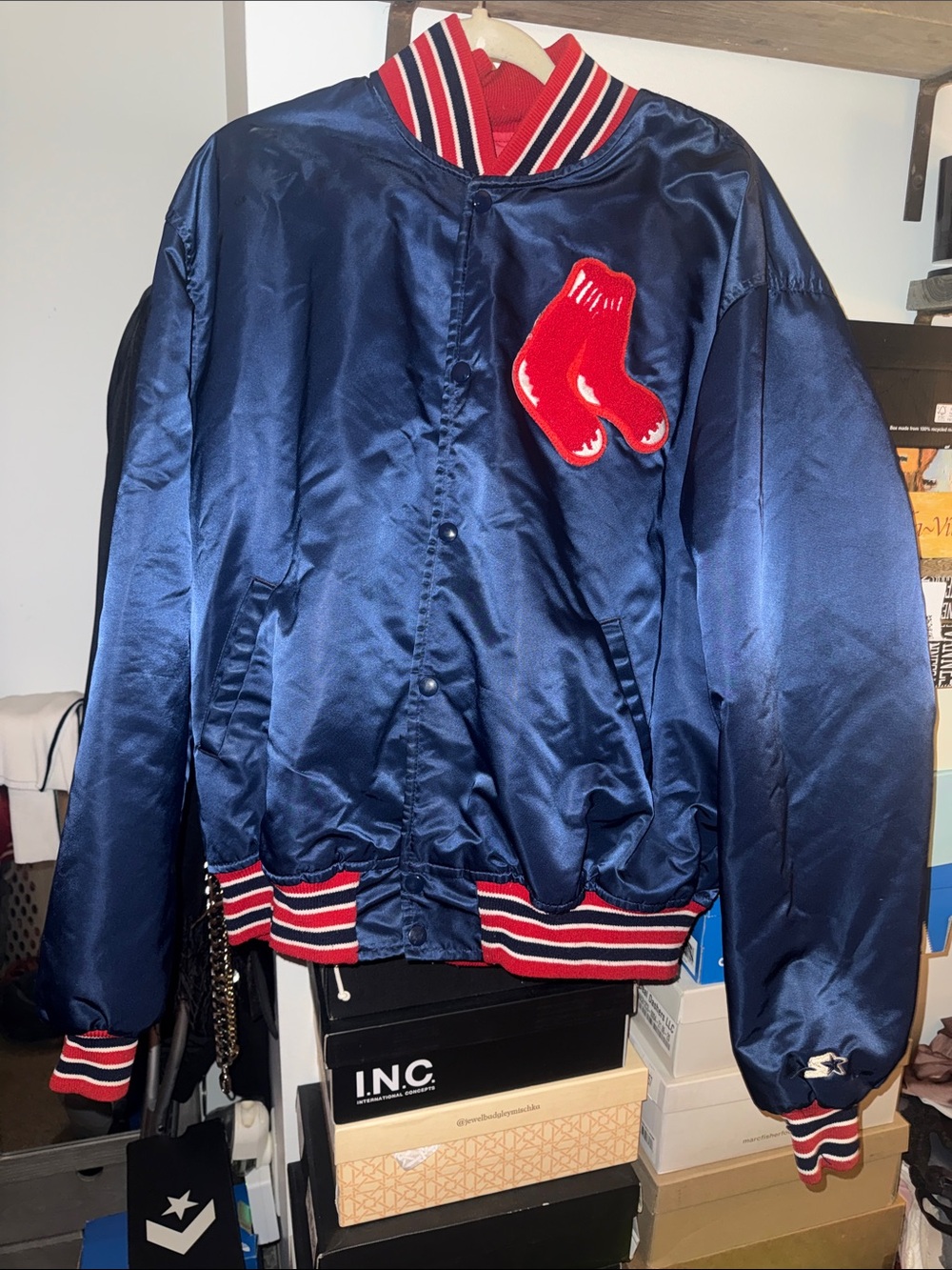 Men’s Satin Bomber Jacket - Navy with Red Patch